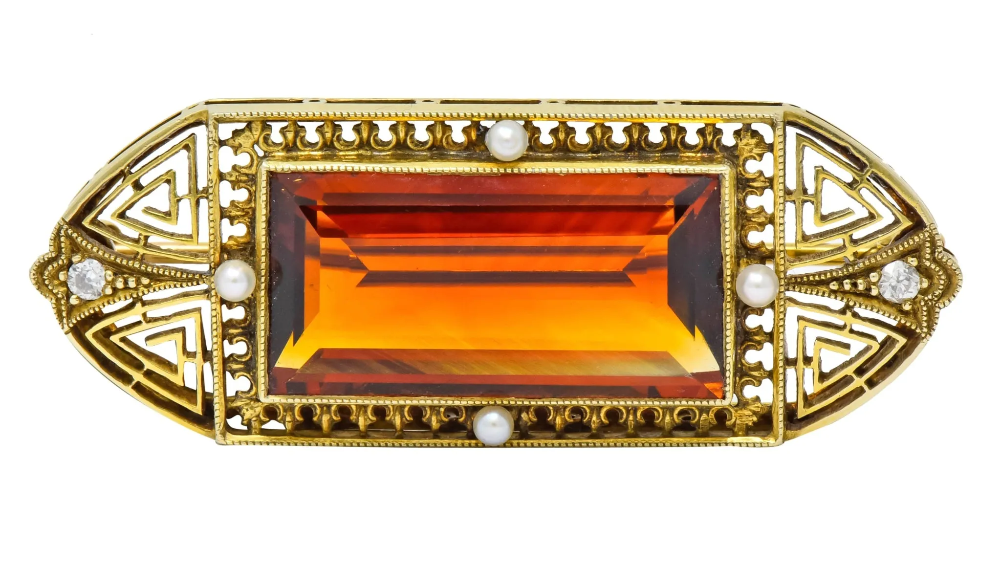 Walton & Co. Art Deco 10.46 CTW Citrine Pearl Diamond 14 Karat Gold Brooch
