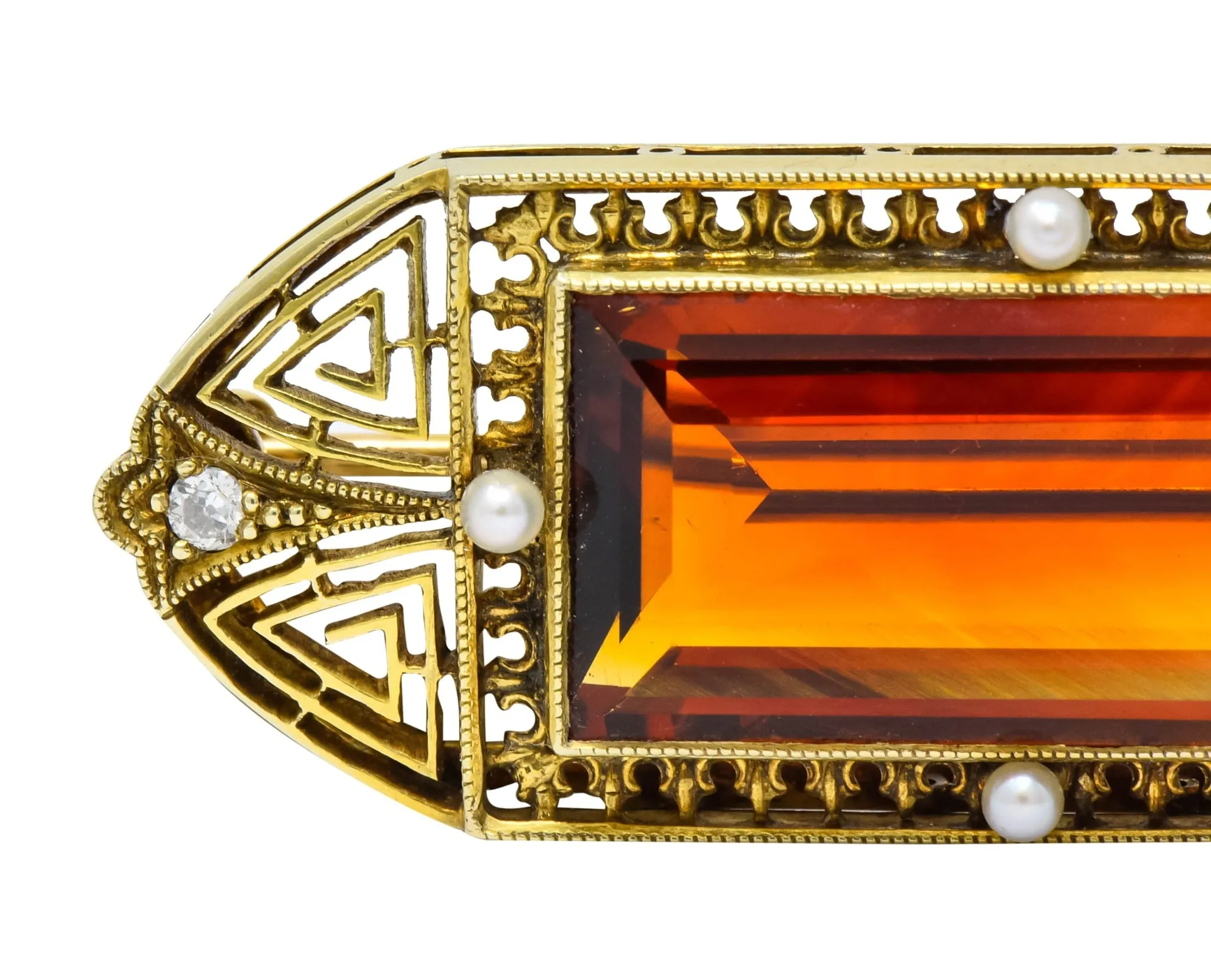 Walton & Co. Art Deco 10.46 CTW Citrine Pearl Diamond 14 Karat Gold Brooch