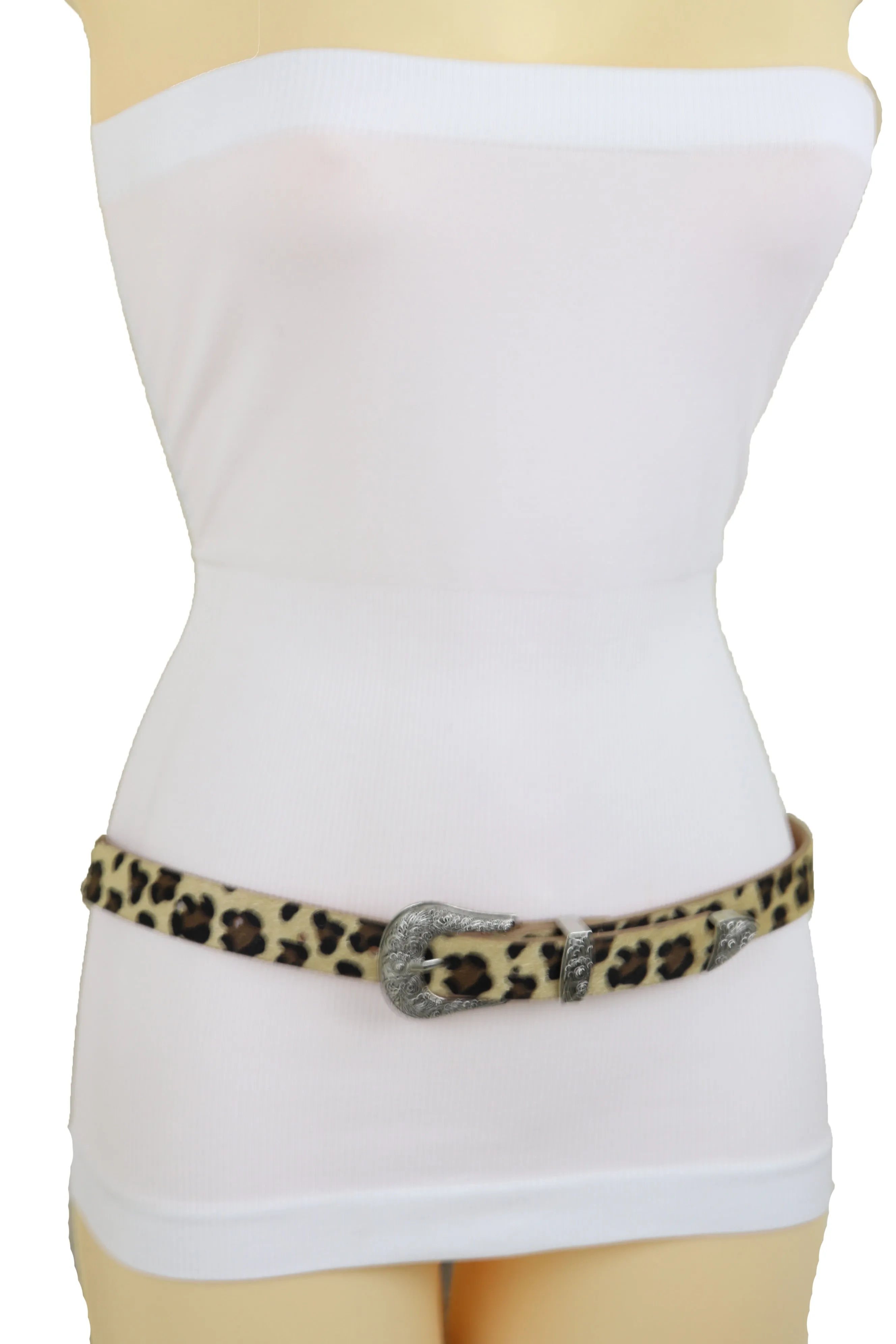 Western Filigree Buckle Faux Fur Leopard Print Skinny Classic Belt