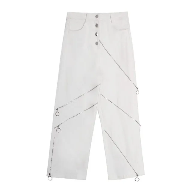 White Patchwork Zipper Cut Out Loose Pants For Women