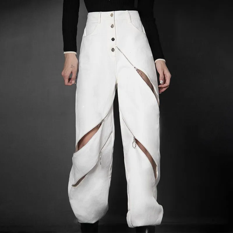 White Patchwork Zipper Cut Out Loose Pants For Women