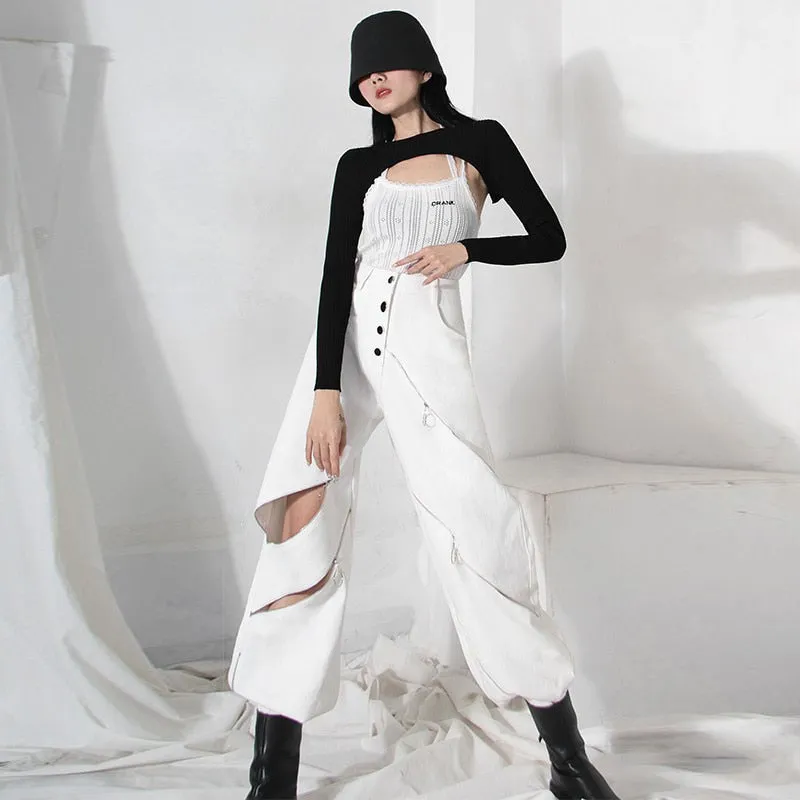 White Patchwork Zipper Cut Out Loose Pants For Women