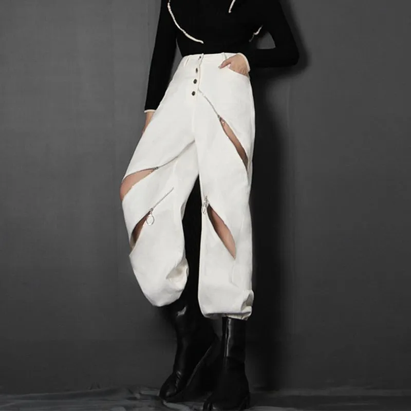 White Patchwork Zipper Cut Out Loose Pants For Women