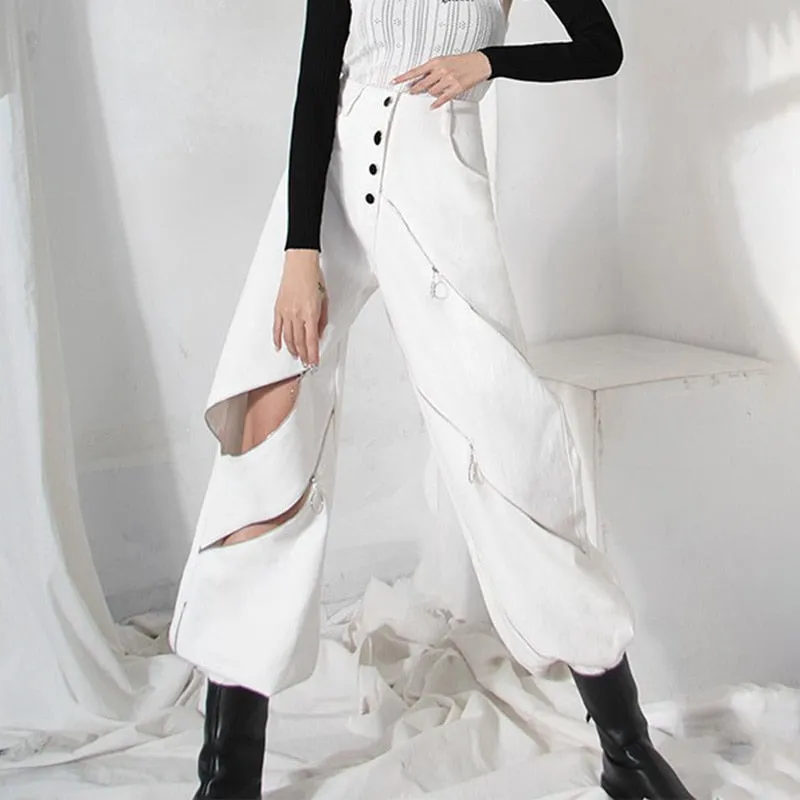 White Patchwork Zipper Cut Out Loose Pants For Women