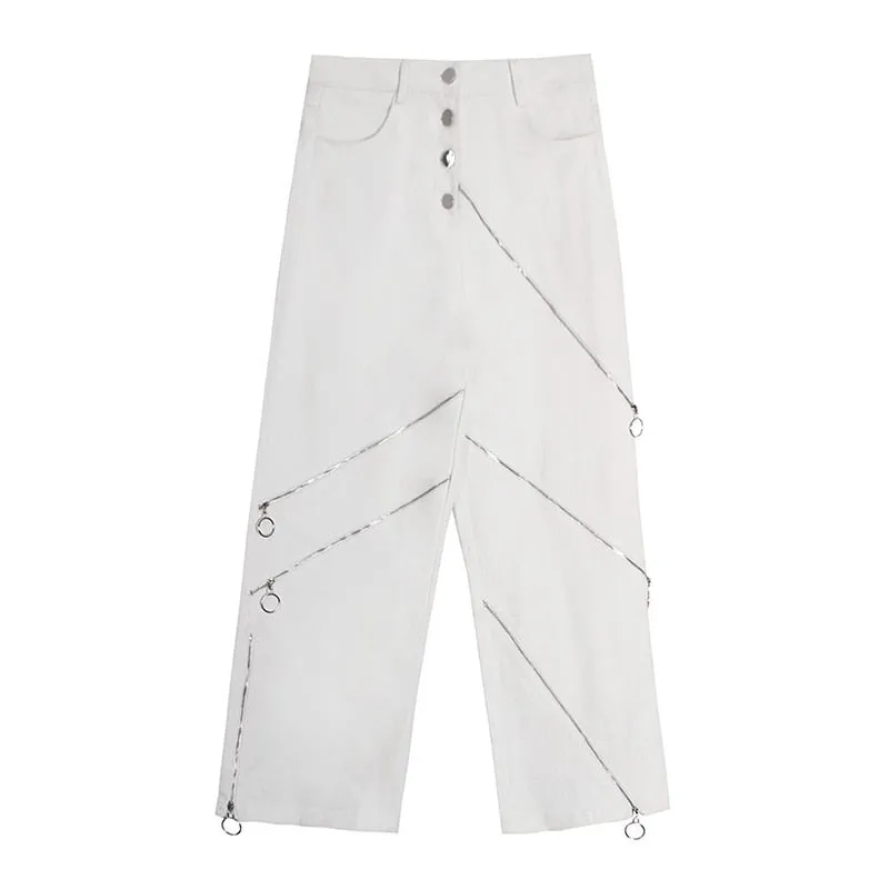 White Patchwork Zipper Cut Out Loose Pants For Women