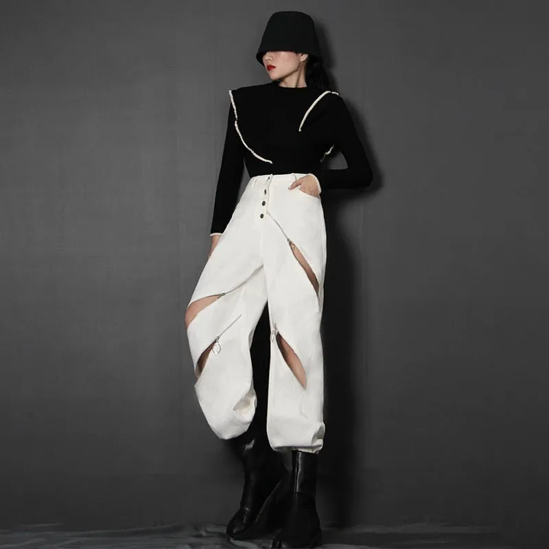 White Patchwork Zipper Cut Out Loose Pants For Women