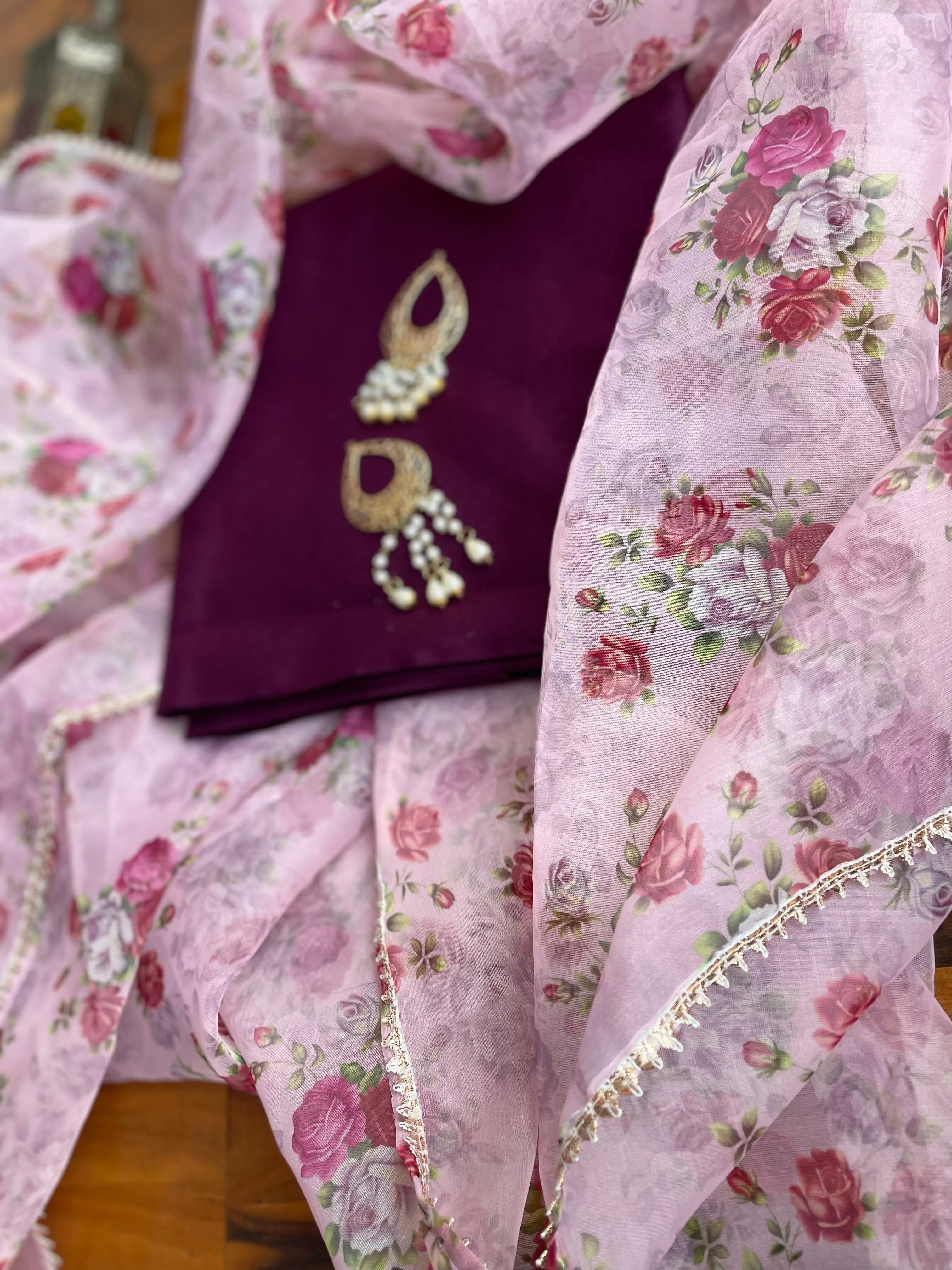 Wine and Baby Pink Organza Dupatta