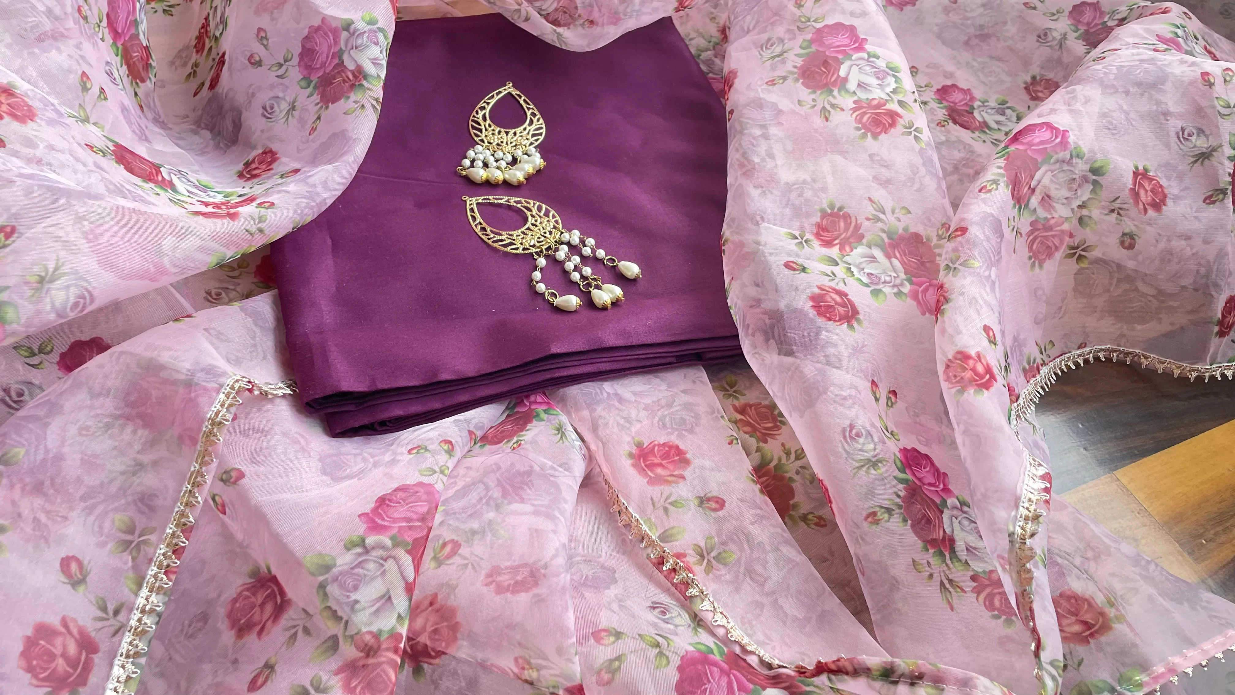 Wine and Baby Pink Organza Dupatta