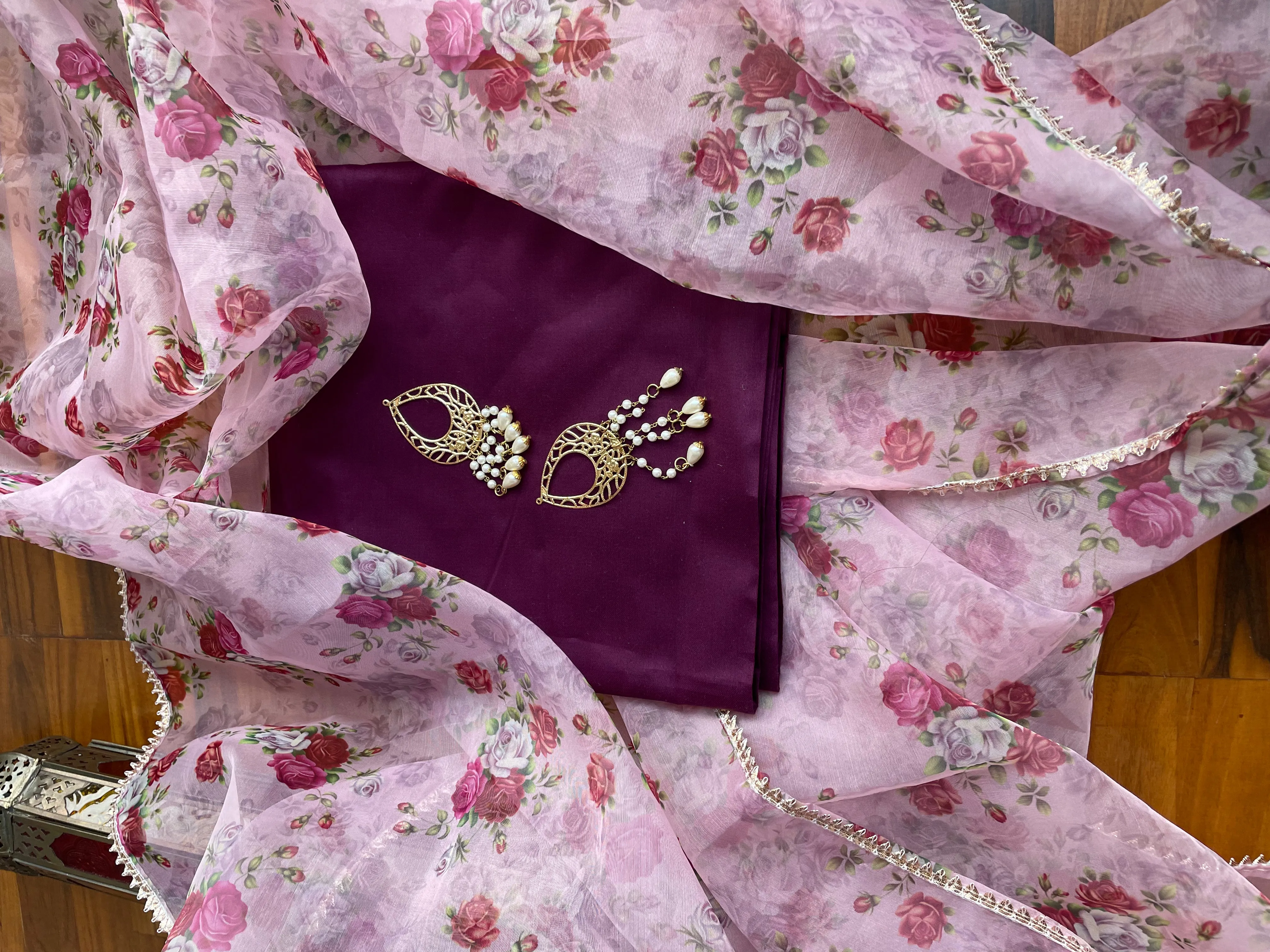 Wine and Baby Pink Organza Dupatta