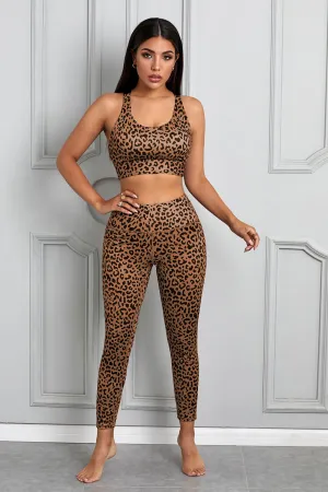 Women Brown Cheetah Print Sport Bra Pants Set