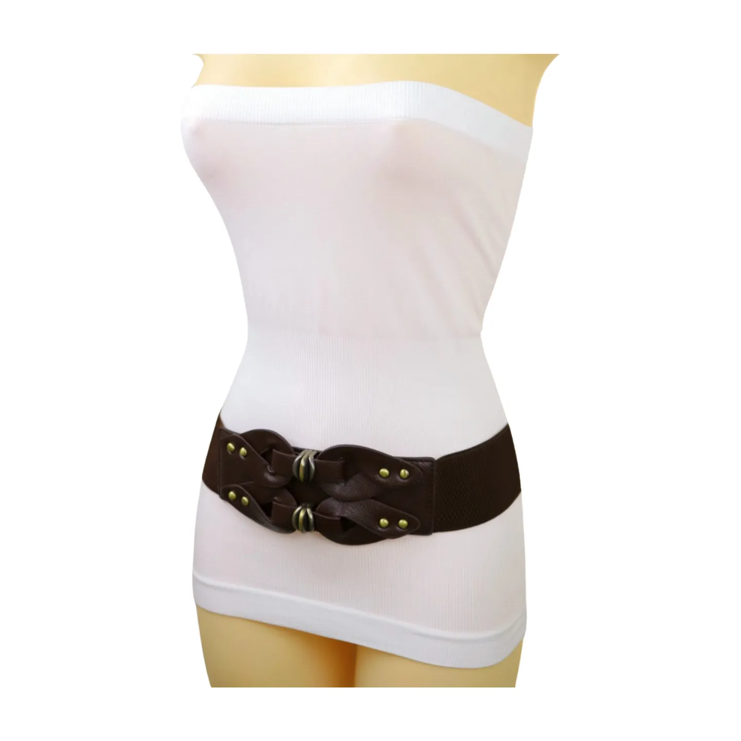 Women Brown Wide Elastic Belt Hip High Waist Antique Gold Metal Studs S M