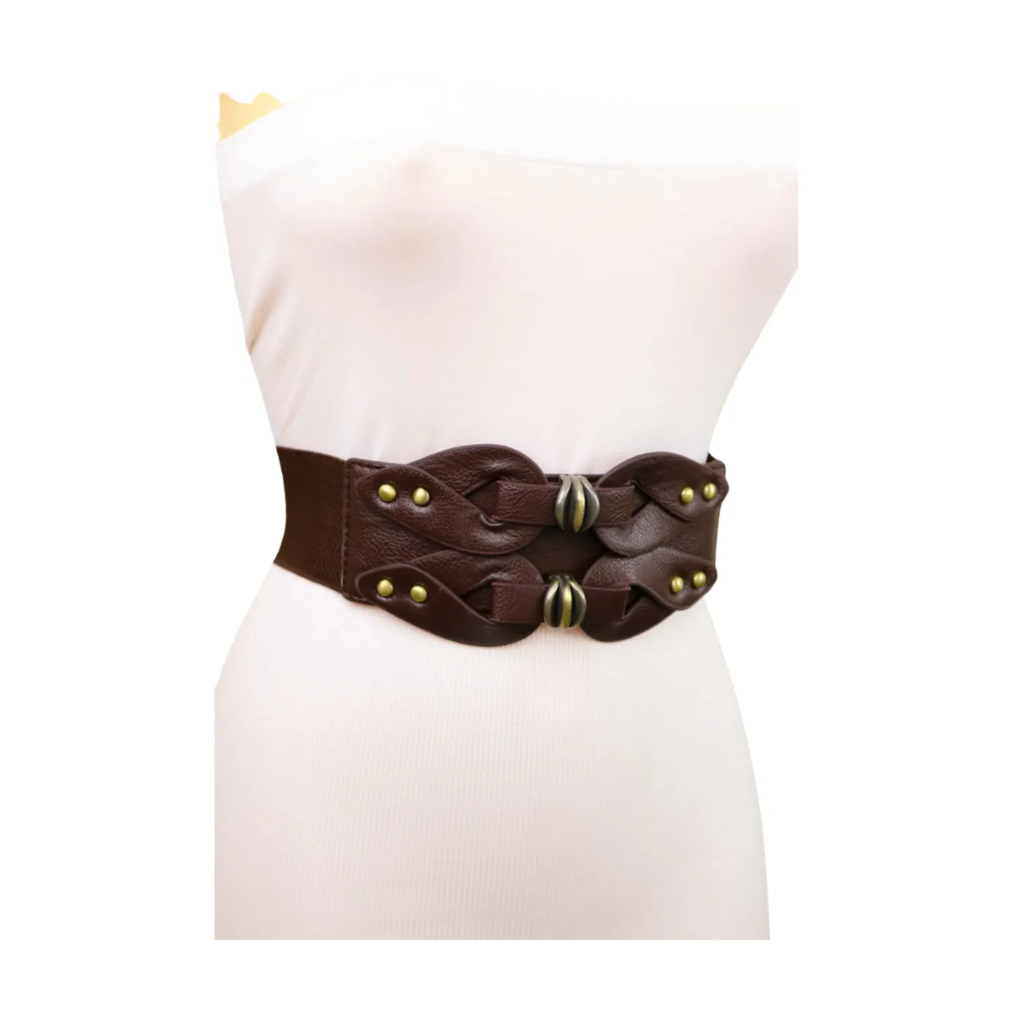 Women Brown Wide Elastic Belt Hip High Waist Antique Gold Metal Studs S M