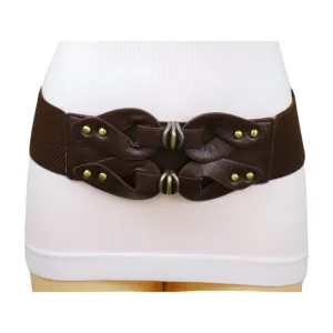 Women Brown Wide Elastic Belt Hip High Waist Antique Gold Metal Studs S M