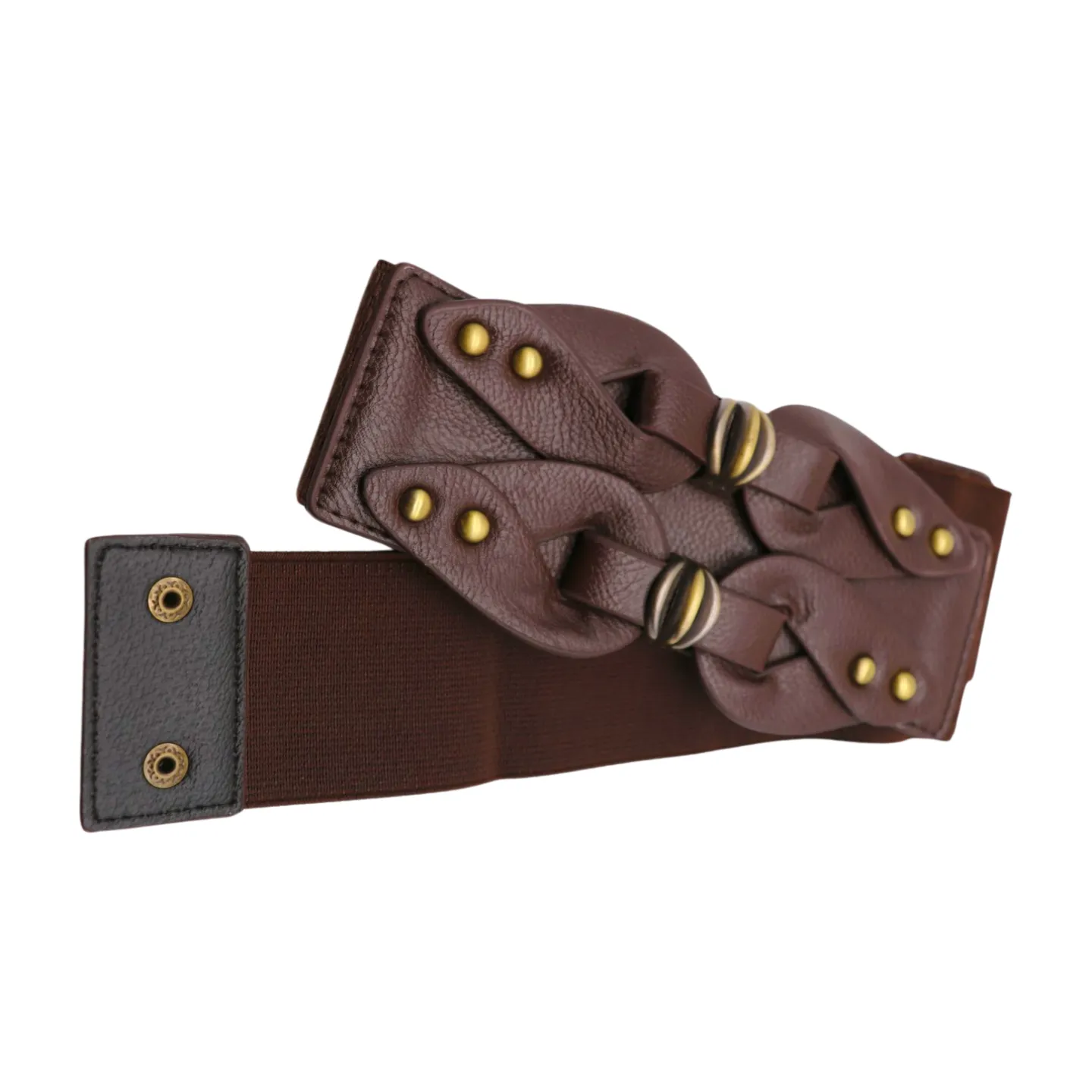 Women Brown Wide Elastic Belt Hip High Waist Antique Gold Metal Studs S M