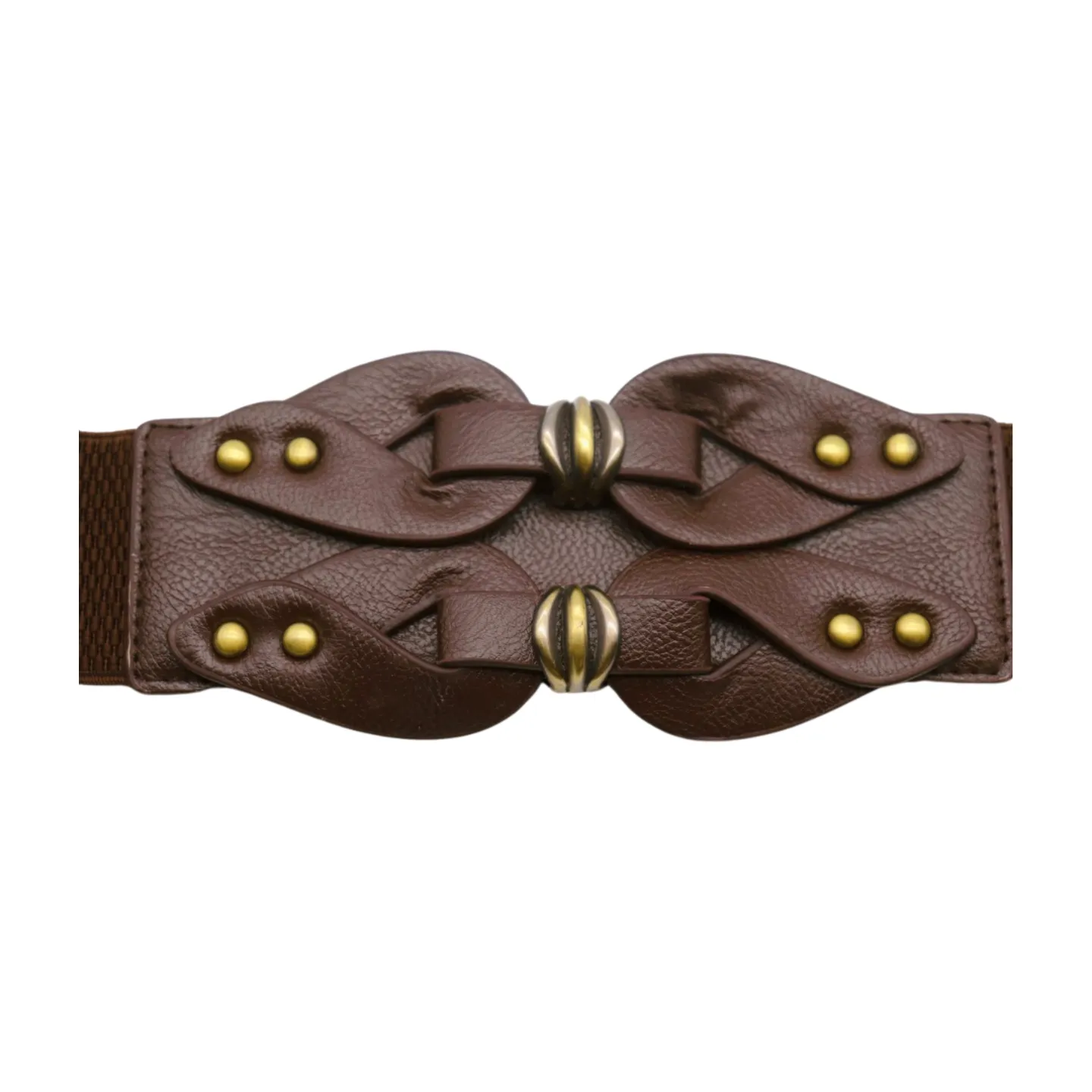 Women Brown Wide Elastic Belt Hip High Waist Antique Gold Metal Studs S M
