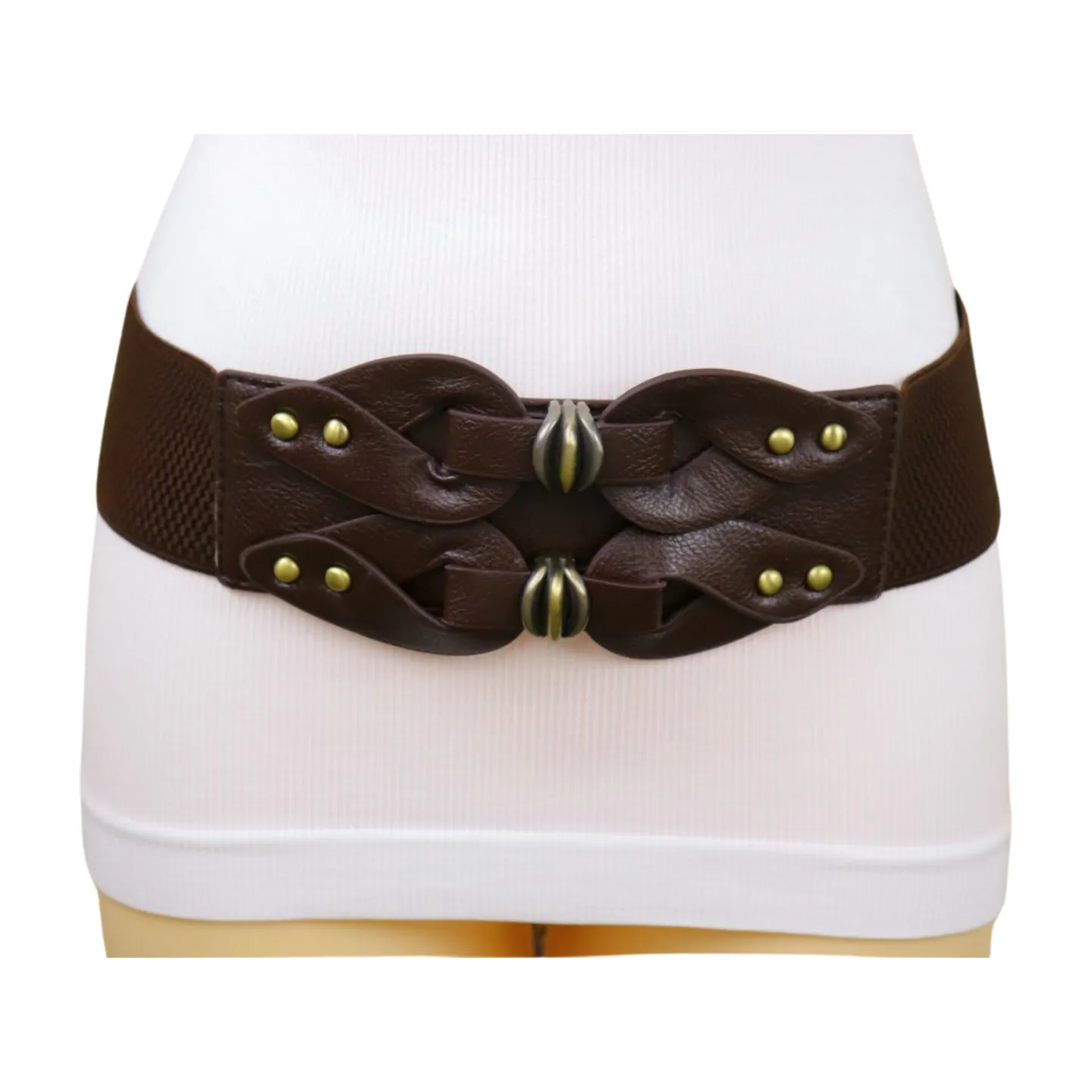 Women Brown Wide Elastic Belt Hip High Waist Antique Gold Metal Studs S M