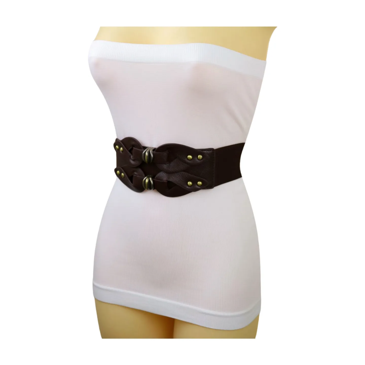 Women Brown Wide Elastic Belt Hip High Waist Antique Gold Metal Studs S M