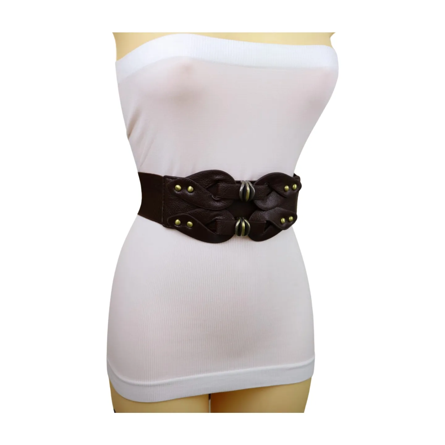 Women Brown Wide Elastic Belt Hip High Waist Antique Gold Metal Studs S M