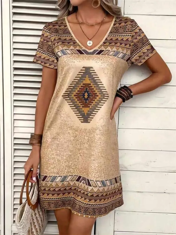 Women's Geometric Print Retro V-Neck Dresses