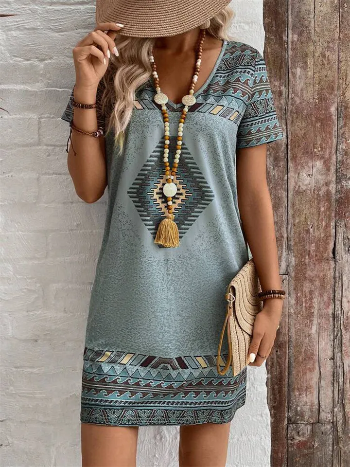 Women's Geometric Print Retro V-Neck Dresses
