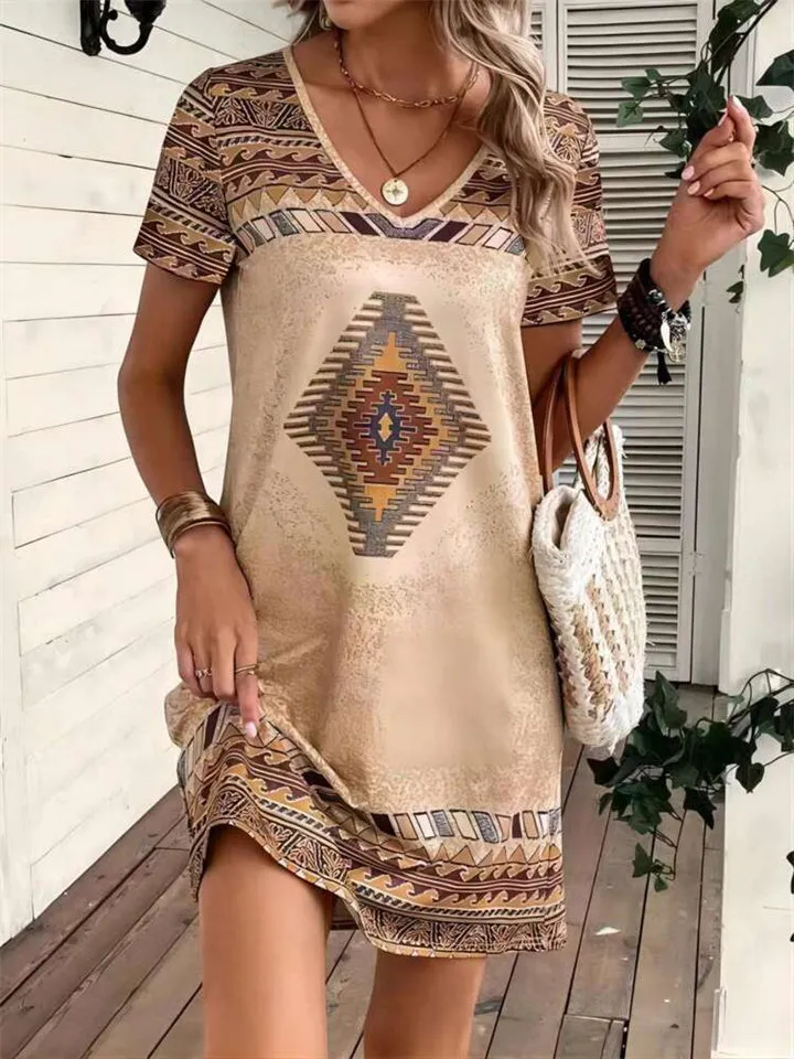 Women's Geometric Print Retro V-Neck Dresses
