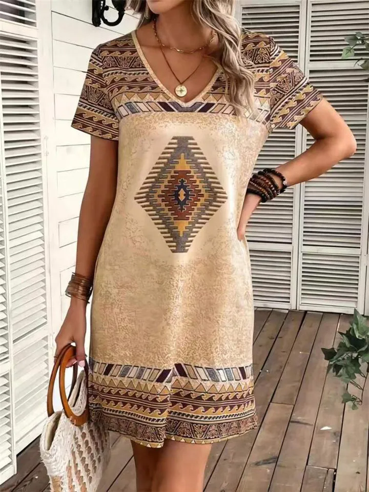 Women's Geometric Print Retro V-Neck Dresses