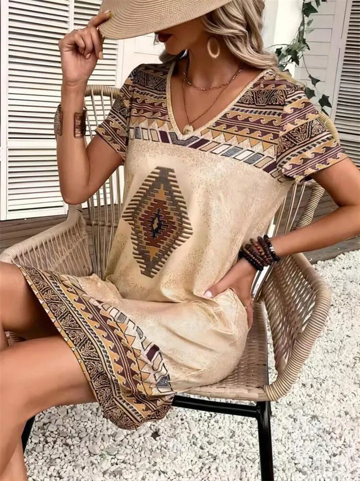 Women's Geometric Print Retro V-Neck Dresses