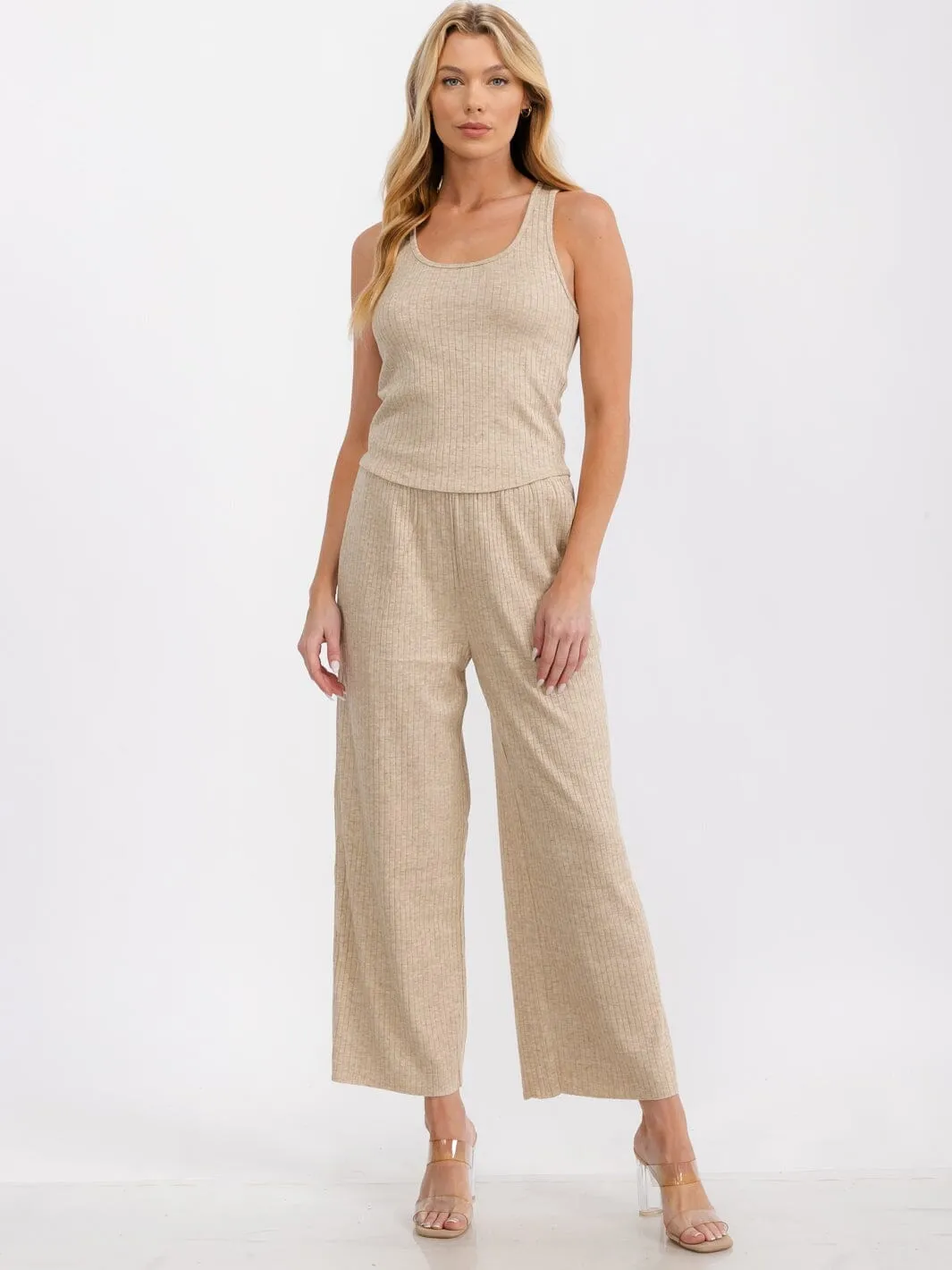 WOMEN'S SLEEVELESS TANK TOP & ELASTIC WAIST PANTS RIBBED 2PC SET