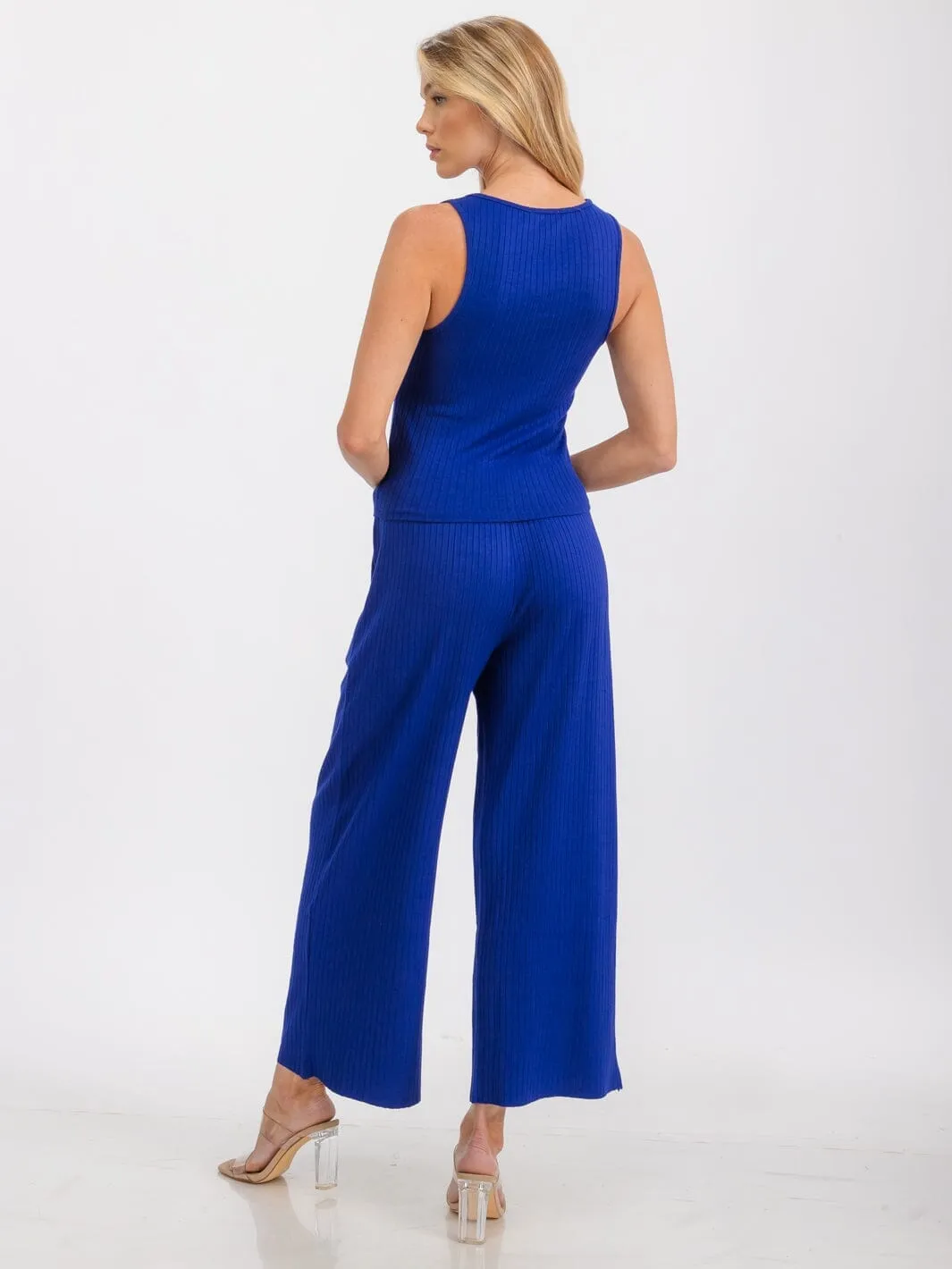 WOMEN'S SLEEVELESS TANK TOP & ELASTIC WAIST PANTS RIBBED 2PC SET