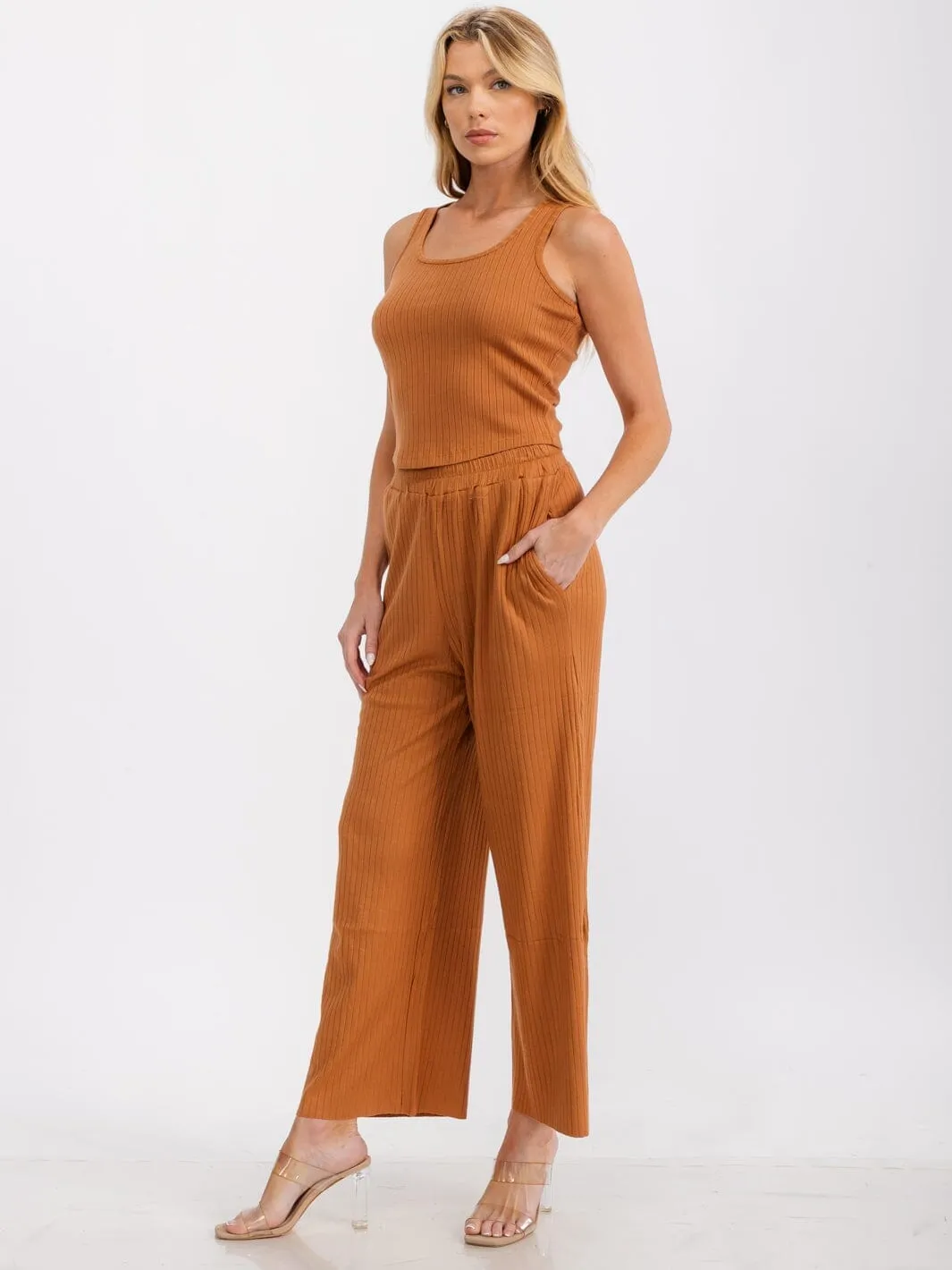 WOMEN'S SLEEVELESS TANK TOP & ELASTIC WAIST PANTS RIBBED 2PC SET