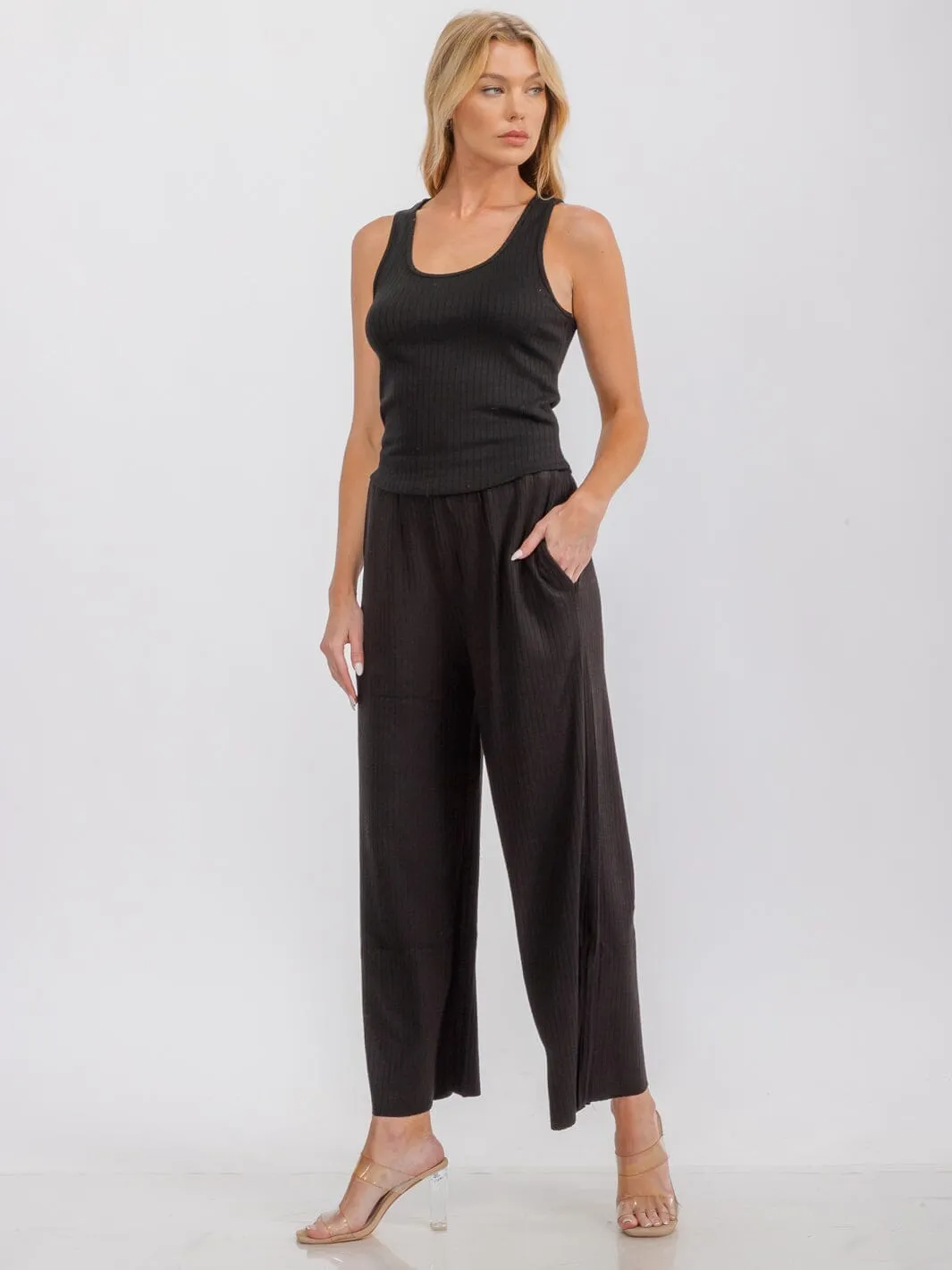 WOMEN'S SLEEVELESS TANK TOP & ELASTIC WAIST PANTS RIBBED 2PC SET