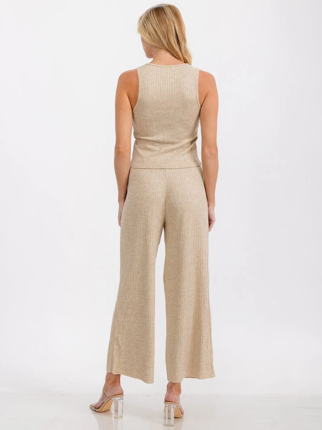 WOMEN'S SLEEVELESS TANK TOP & ELASTIC WAIST PANTS RIBBED 2PC SET