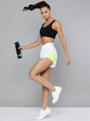 Women's White & Fluorescent Green Training or Gym Sports Shorts