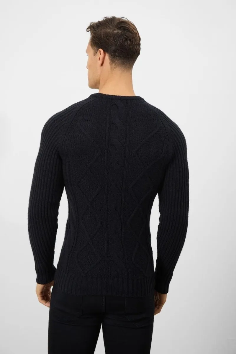Wool Blend Chunky Cable Crew Neck in Black