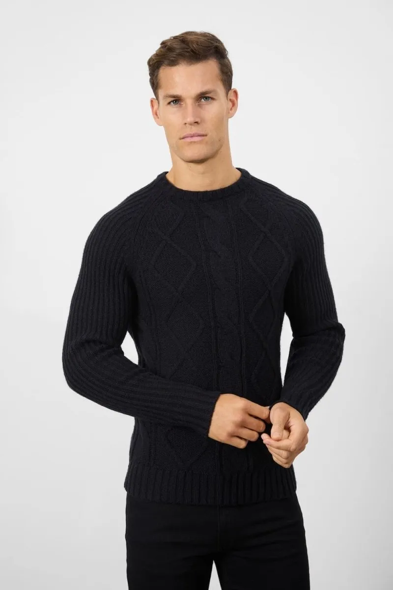 Wool Blend Chunky Cable Crew Neck in Black