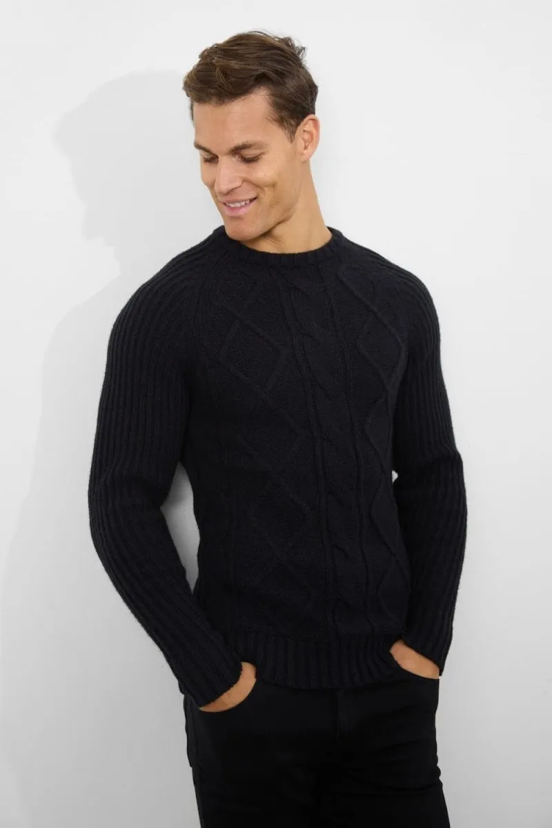 Wool Blend Chunky Cable Crew Neck in Black
