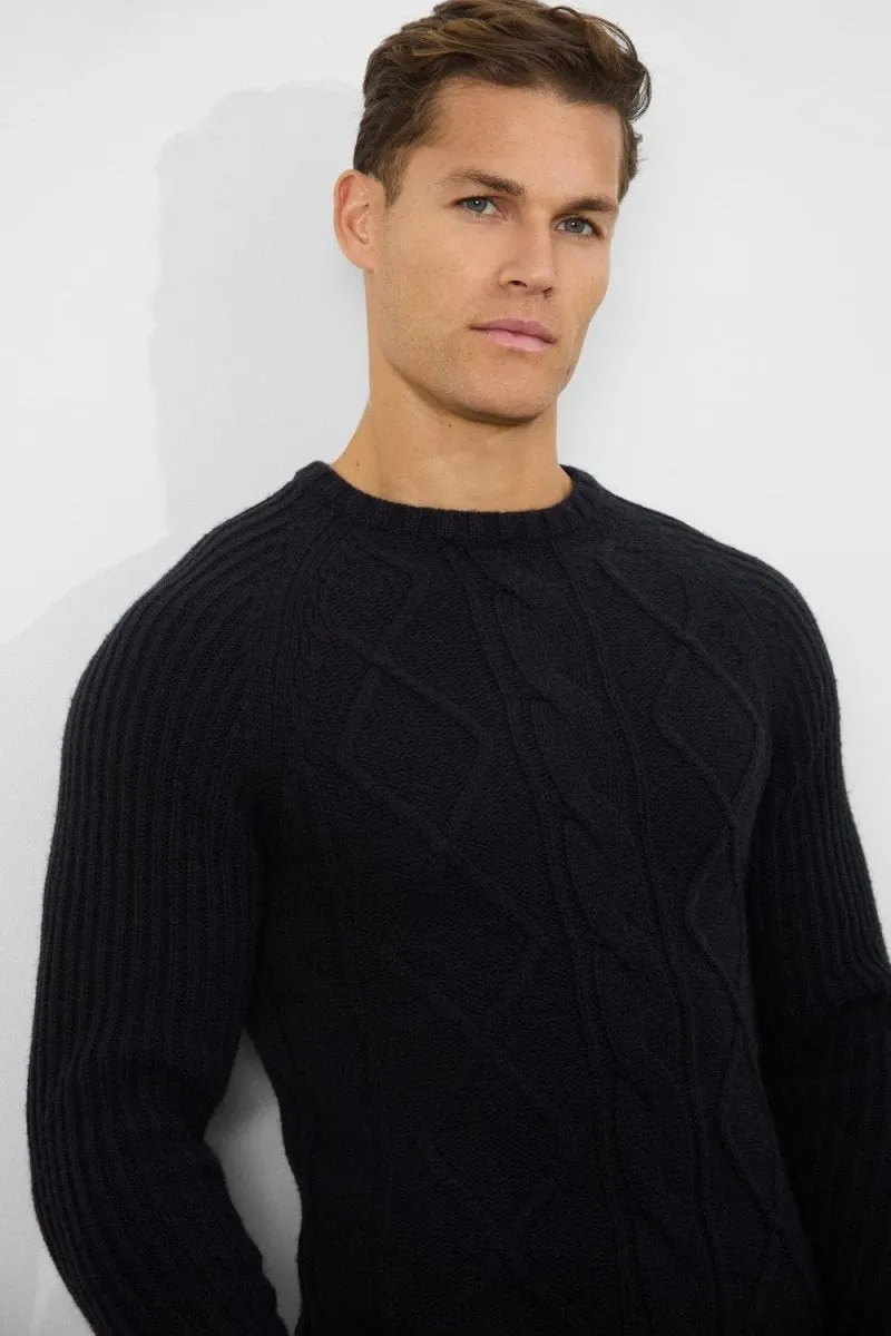 Wool Blend Chunky Cable Crew Neck in Black