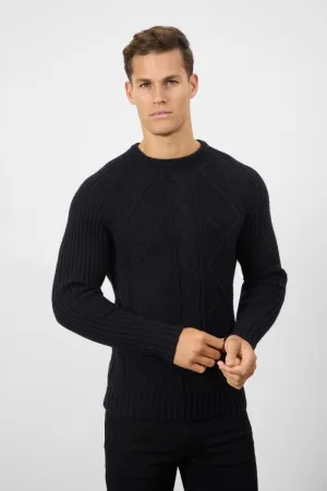 Wool Blend Chunky Cable Crew Neck in Black