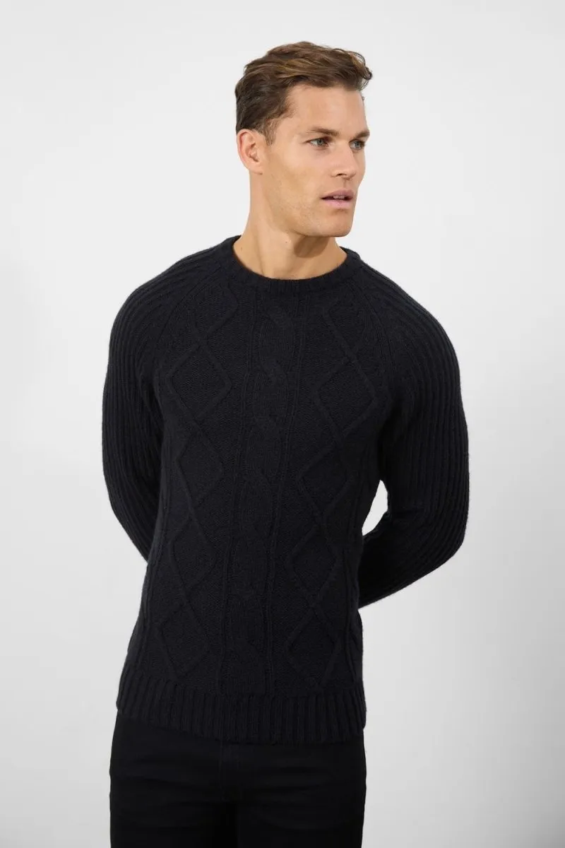 Wool Blend Chunky Cable Crew Neck in Black