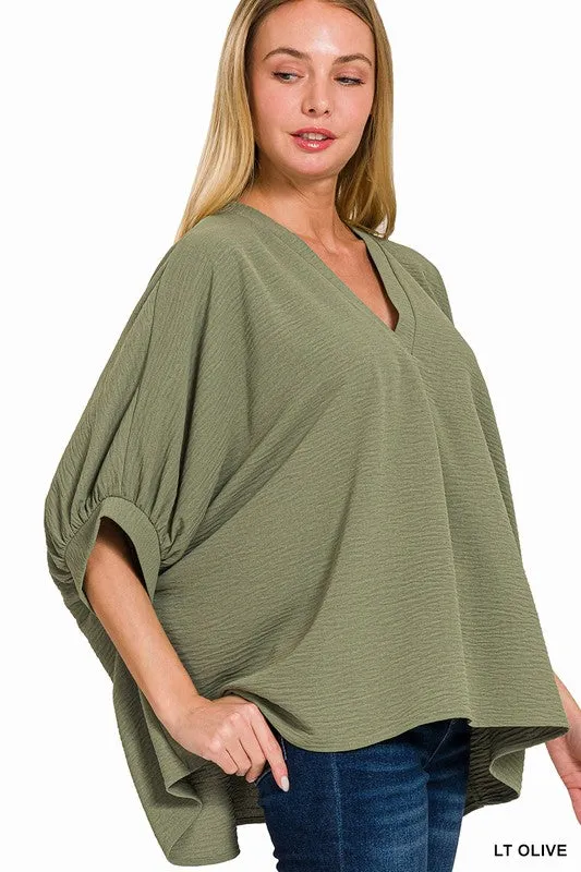 ZENANA Woven Airflow V-Neck Puff Half Sleeve Top