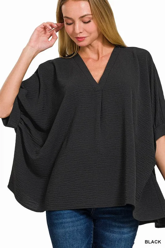 ZENANA Woven Airflow V-Neck Puff Half Sleeve Top